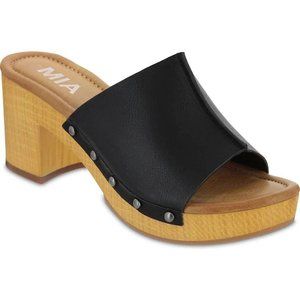 MIA Black Leather Slide Mule with Wood-Effect Heel